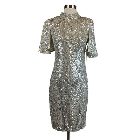 Eliza J Sequined Short Sleeve Mock Neck Midi Shift Cocktail Dress Silver Size 6